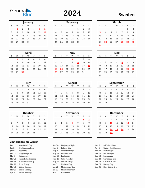 2024 Sweden Holiday Calendar - Sunday Start