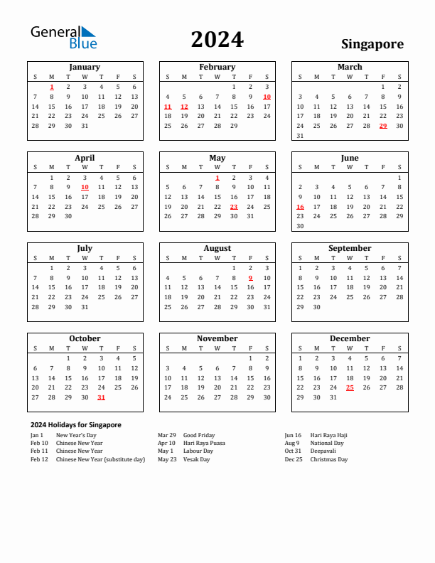 2024 Singapore Holiday Calendar - Sunday Start