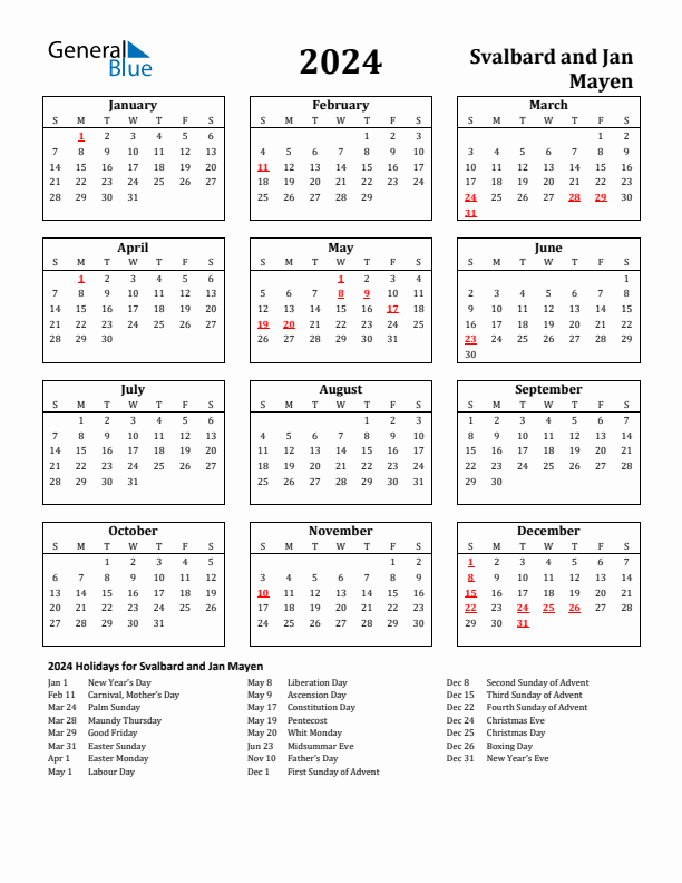 2024 Svalbard and Jan Mayen Holiday Calendar - Sunday Start