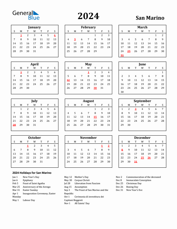 2024 San Marino Holiday Calendar - Sunday Start