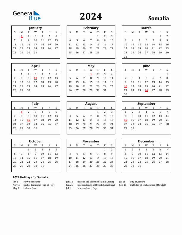 2024 Somalia Holiday Calendar - Sunday Start