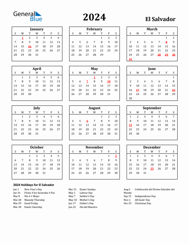 2024 El Salvador Holiday Calendar - Sunday Start
