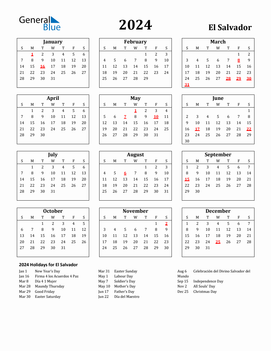 Free Printable 2024 El Salvador Holiday Calendar