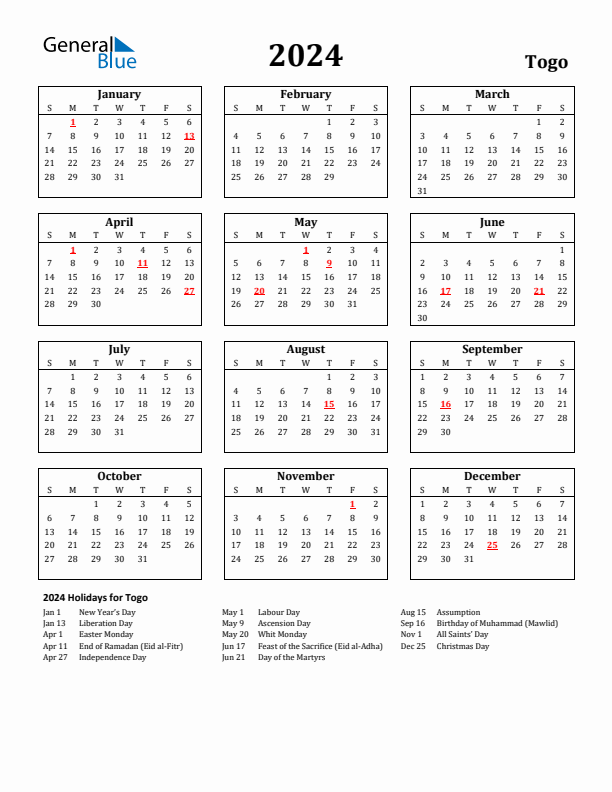 2024 Togo Holiday Calendar - Sunday Start