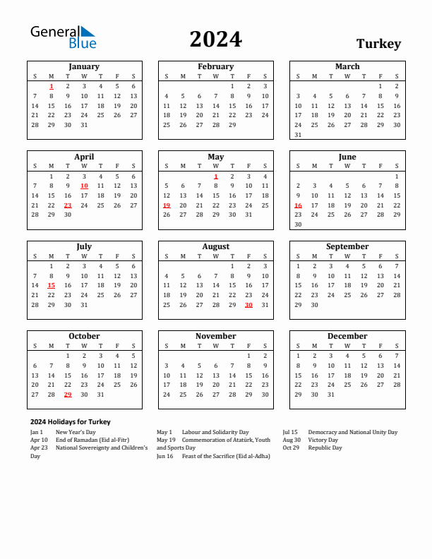 2024 Turkey Holiday Calendar - Sunday Start