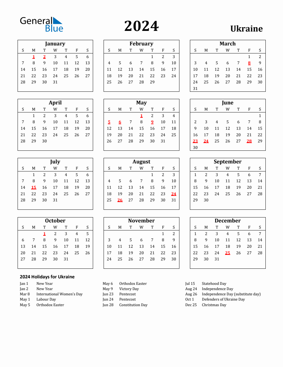 Free Printable 2024 Ukraine Holiday Calendar