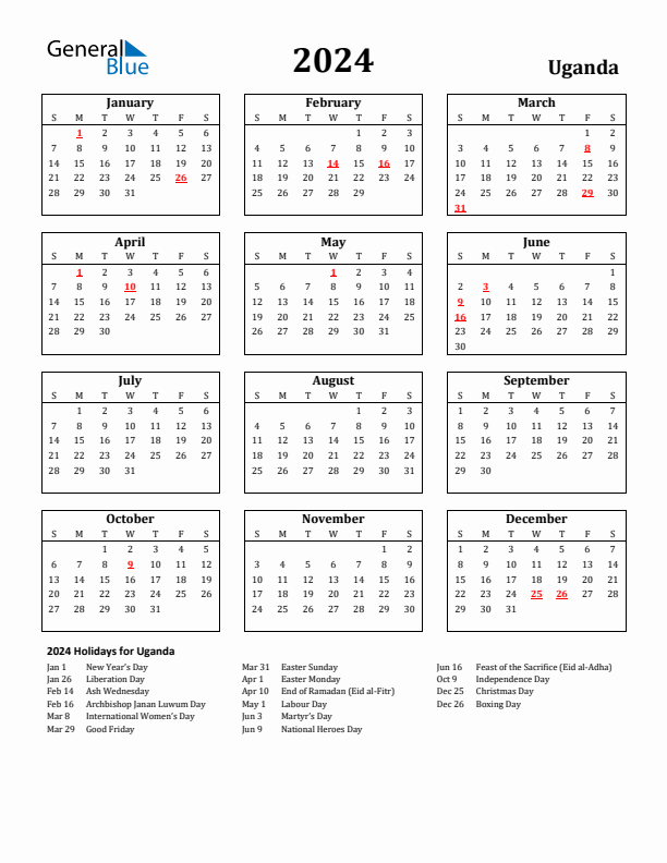 2024 Uganda Holiday Calendar - Sunday Start