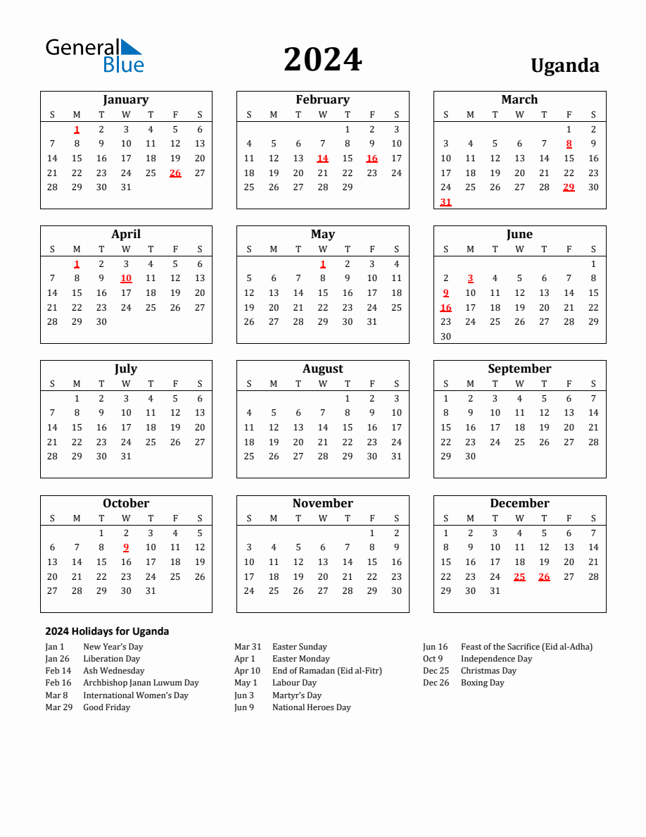 Free Printable 2024 Uganda Holiday Calendar