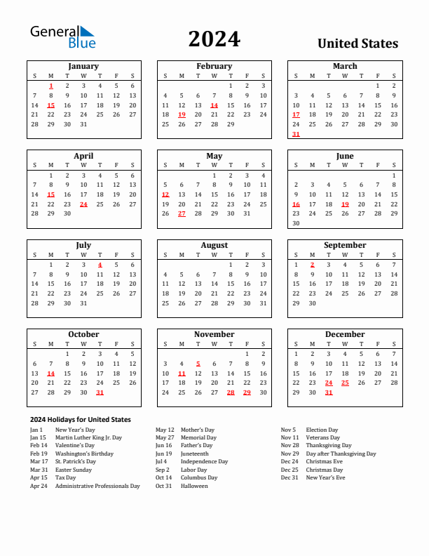 2024 United States Holiday Calendar - Sunday Start
