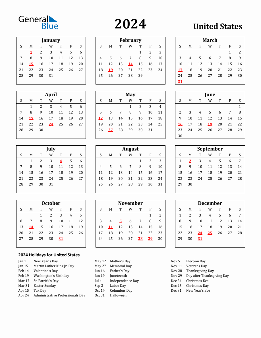 2024 Holiday Calendar Federal Holidays Calendar Ashia Callida