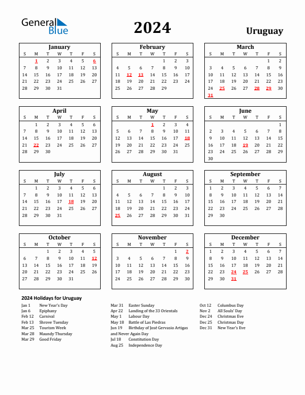 2024 Uruguay Holiday Calendar - Sunday Start