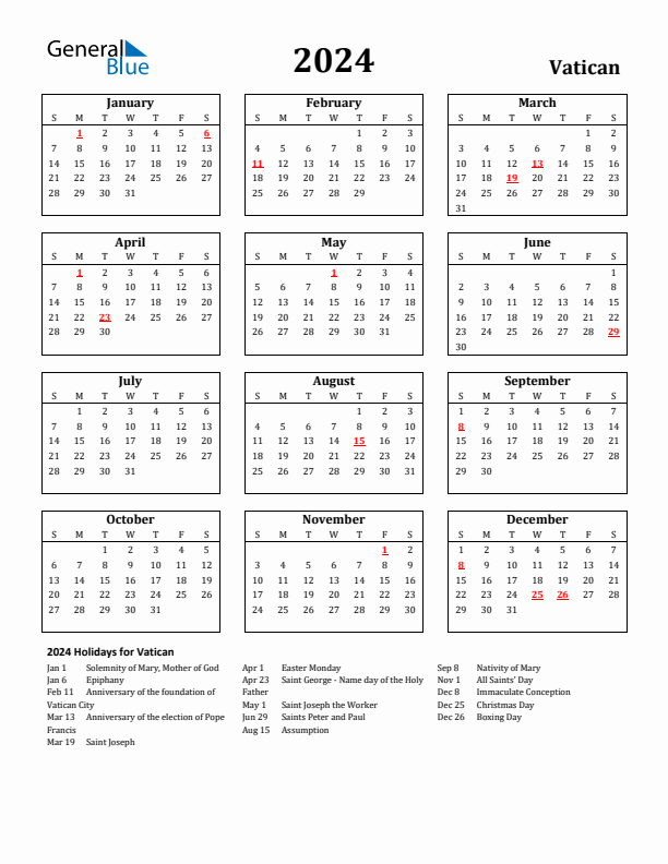 2024 Vatican Holiday Calendar - Sunday Start