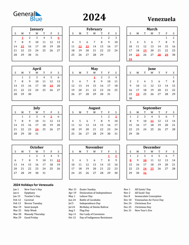 2024 Venezuela Holiday Calendar - Sunday Start
