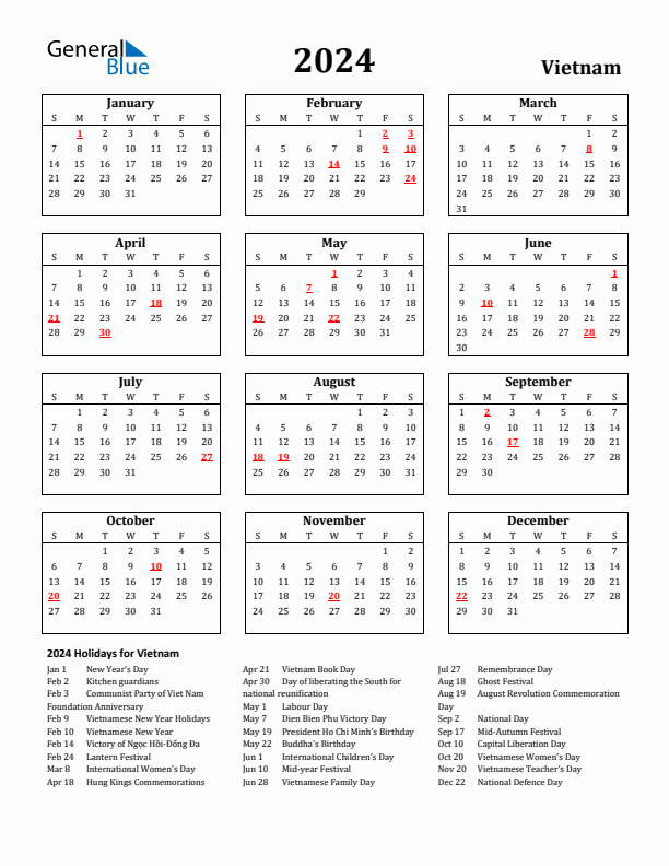 2024 Vietnam Holiday Calendar - Sunday Start