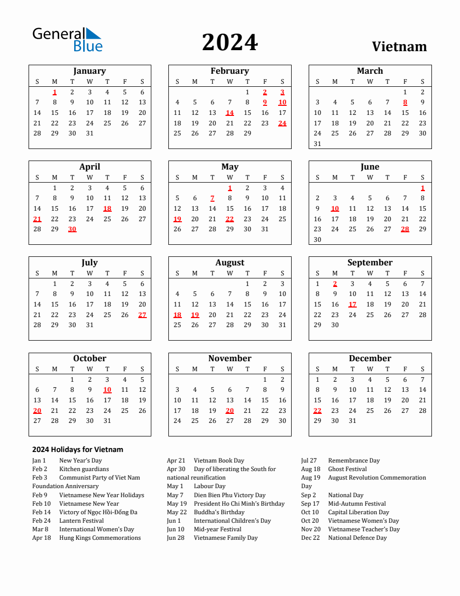 Free Printable 2024 Vietnam Holiday Calendar