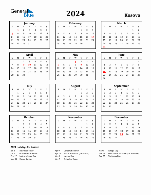 2024 Kosovo Holiday Calendar - Sunday Start
