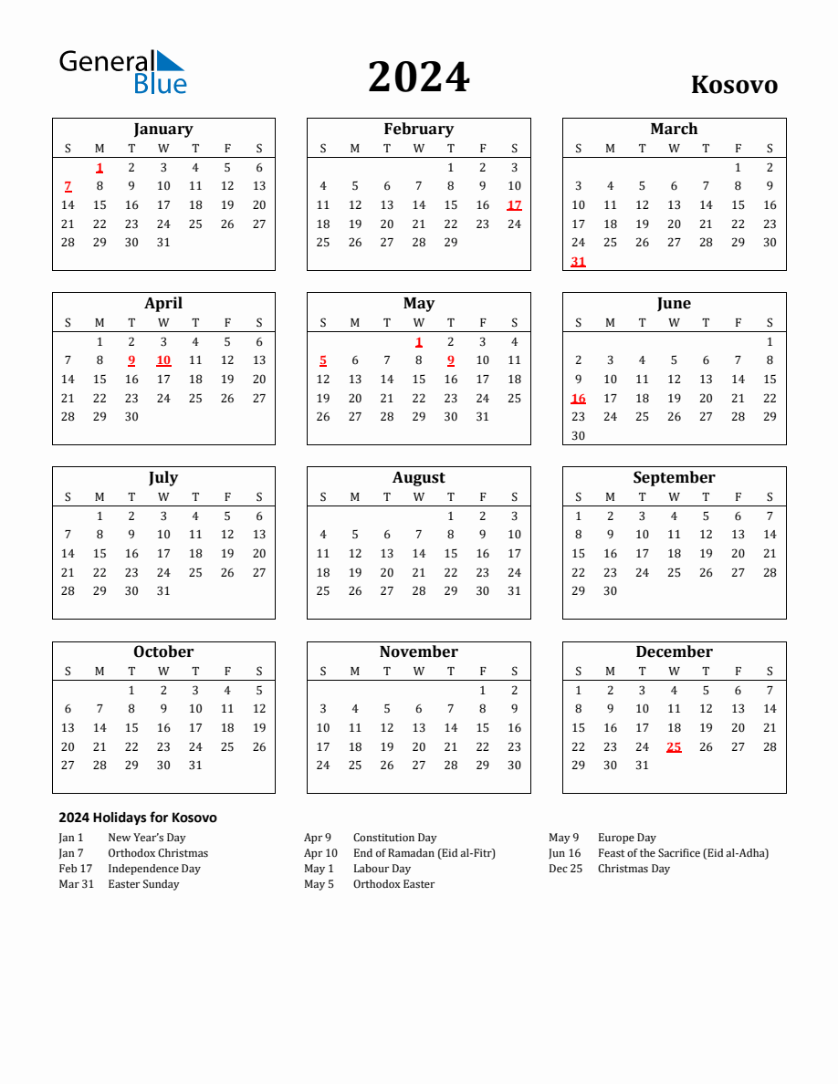 Free Printable 2024 Kosovo Holiday Calendar