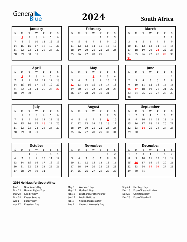 2024 South Africa Holiday Calendar - Sunday Start