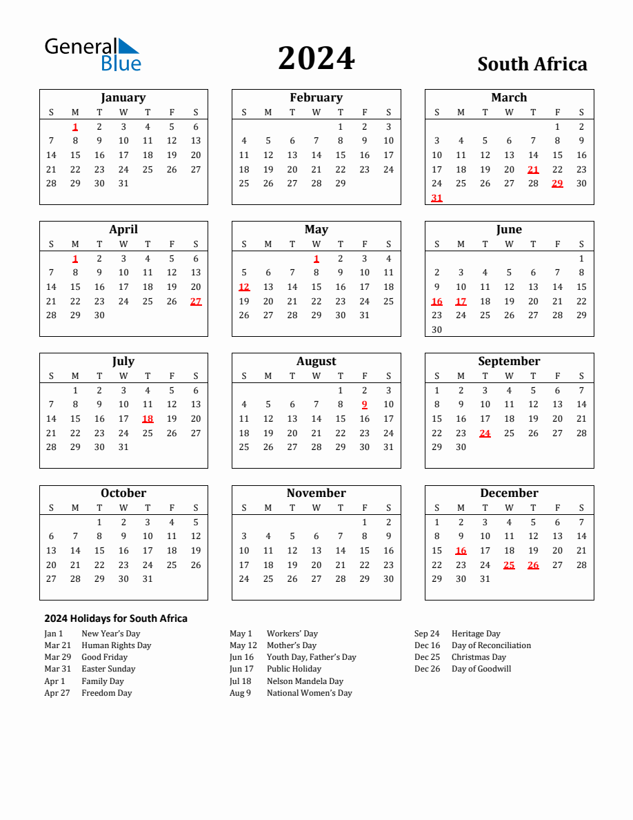 Free Printable 2024 South Africa Holiday Calendar