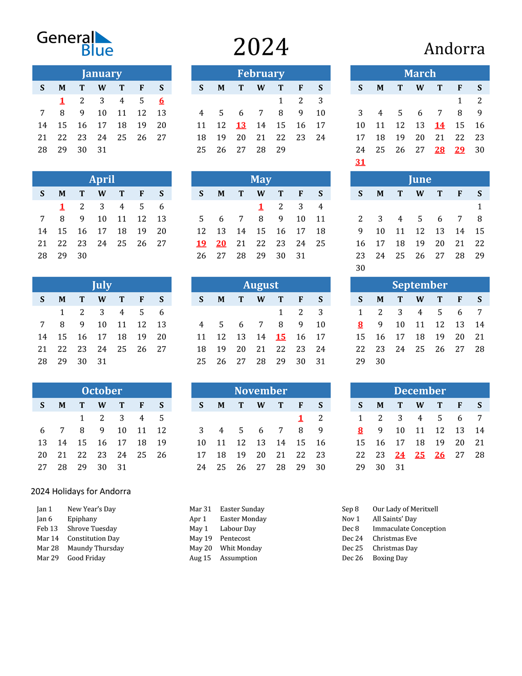 2024 Andorra Calendar with Holidays