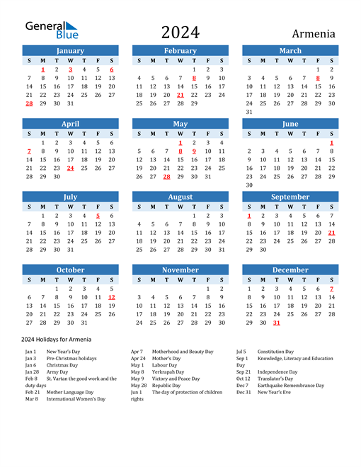 Printable Calendar 2024 with Armenia Holidays
