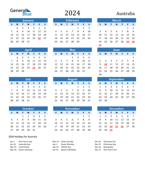 Printable Calendar 2024 with Australia Holidays
