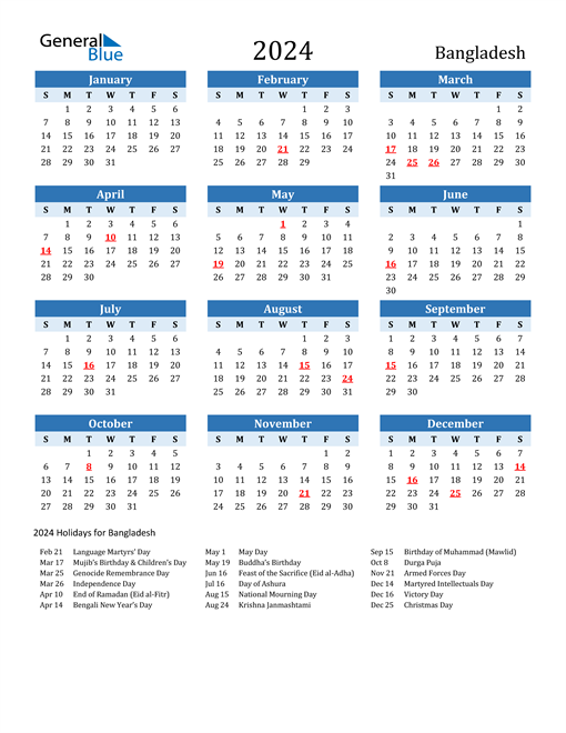 Printable Calendar 2024 with Bangladesh Holidays