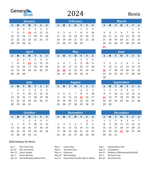 Printable Calendar 2024 with Benin Holidays