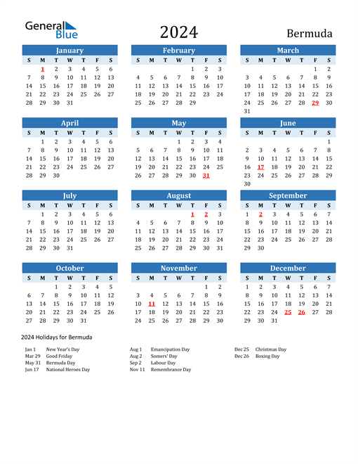 Printable Calendar 2024 with Bermuda Holidays