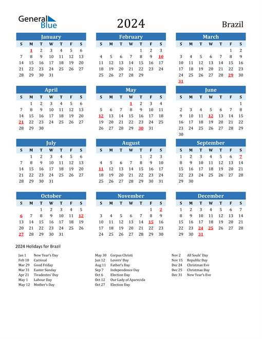 Printable Calendar 2024 with Brazil Holidays