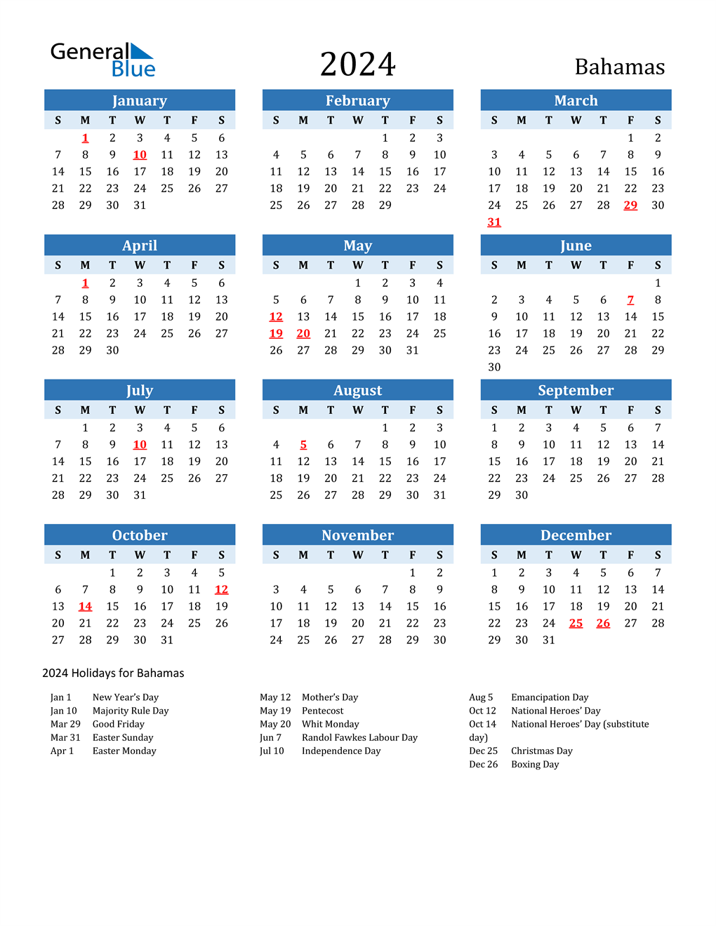 2024 Bahamas Calendar with Holidays