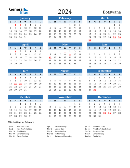 Printable Calendar 2024 with Botswana Holidays