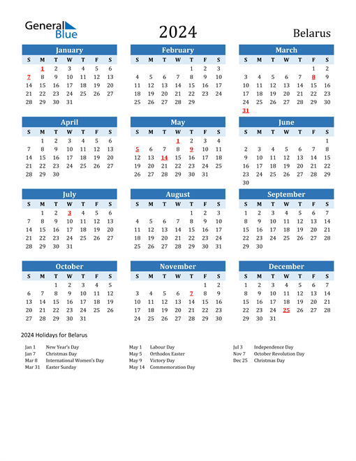 Printable Calendar 2024 with Belarus Holidays