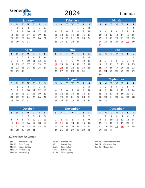Printable Calendar 2024 with Canada Holidays