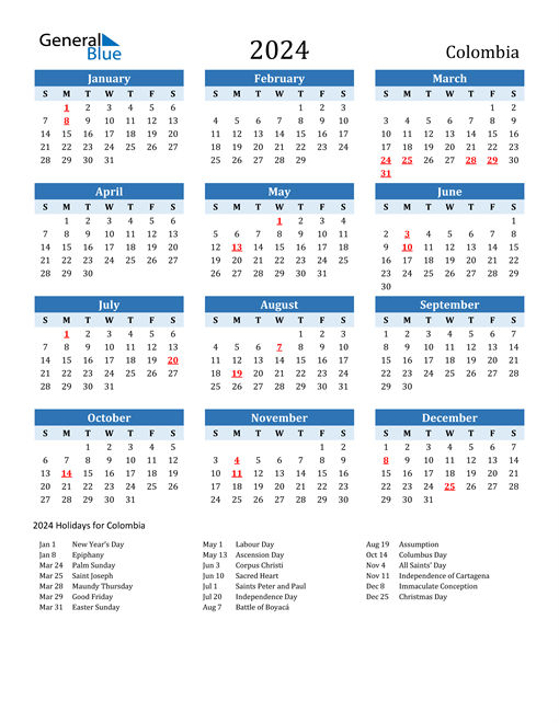 Printable Calendar 2024 with Colombia Holidays