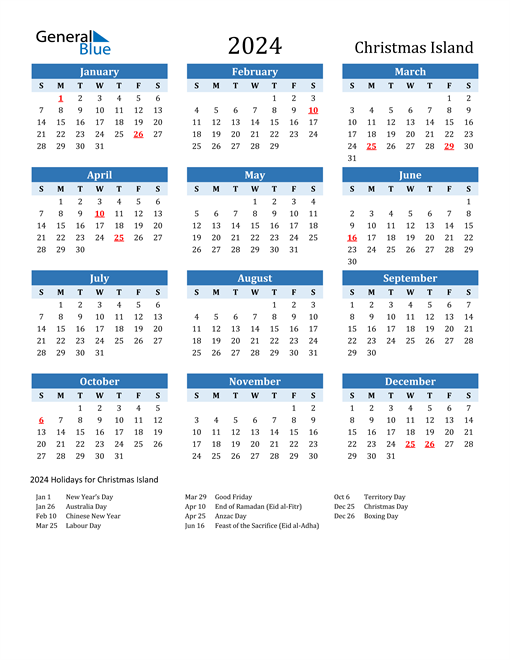 Printable Calendar 2024 with Christmas Island Holidays
