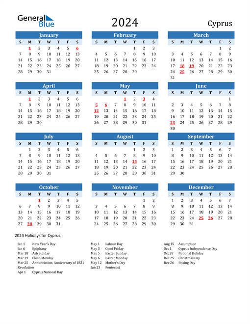 Printable Calendar 2024 with Cyprus Holidays