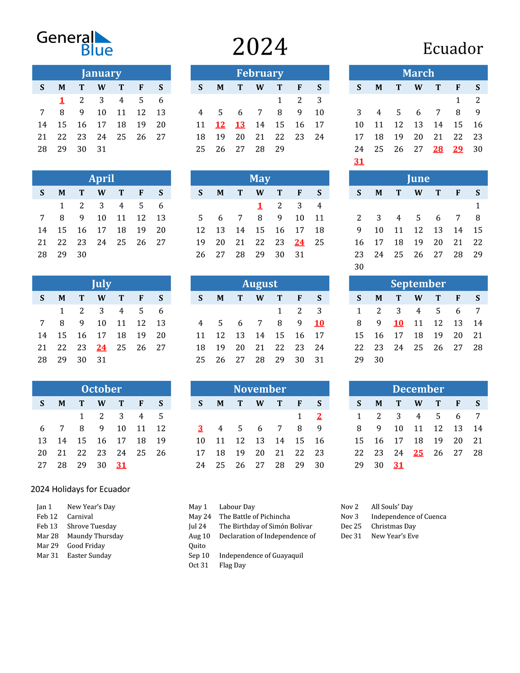 2024 Ecuador Calendar with Holidays