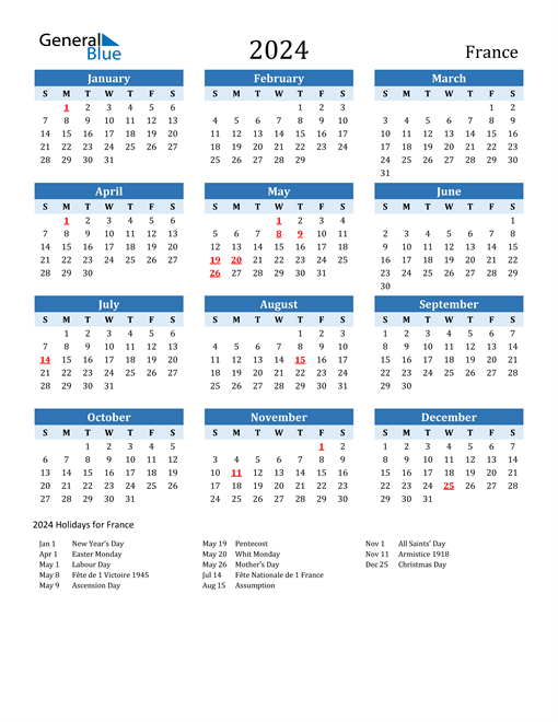 Printable Calendar 2024 with France Holidays