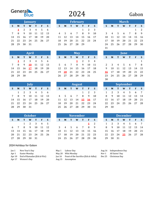 Printable Calendar 2024 with Gabon Holidays