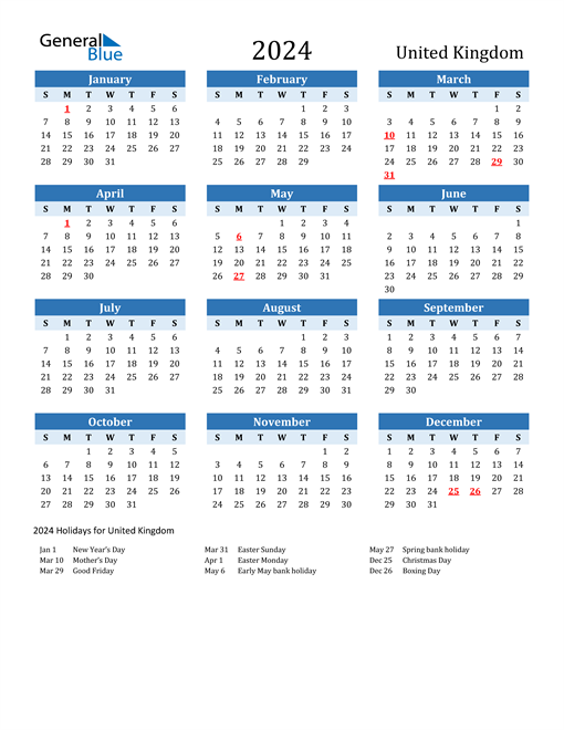 Printable Calendar 2024 with United Kingdom Holidays