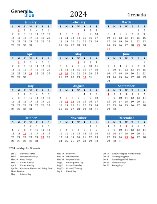 Printable Calendar 2024 with Grenada Holidays