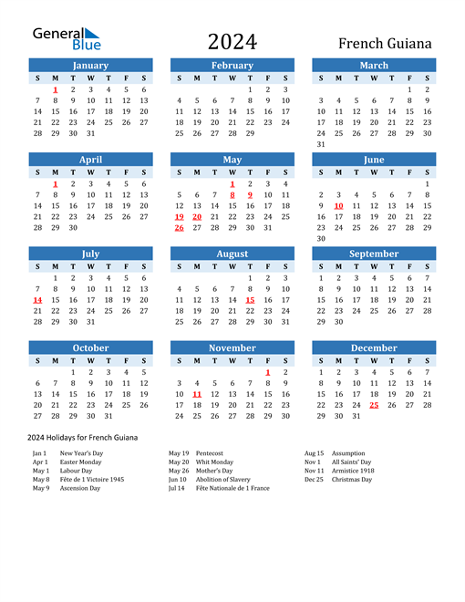 Printable Calendar 2024 with French Guiana Holidays