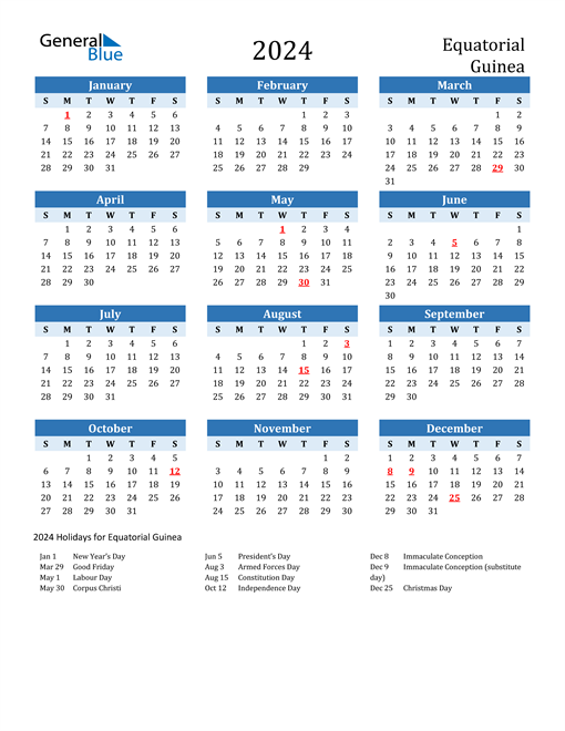 Printable Calendar 2024 with Equatorial Guinea Holidays