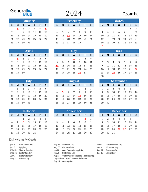Printable Calendar 2024 with Croatia Holidays