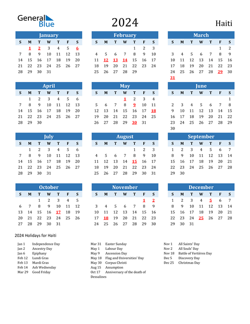 Printable Calendar 2024 with Haiti Holidays