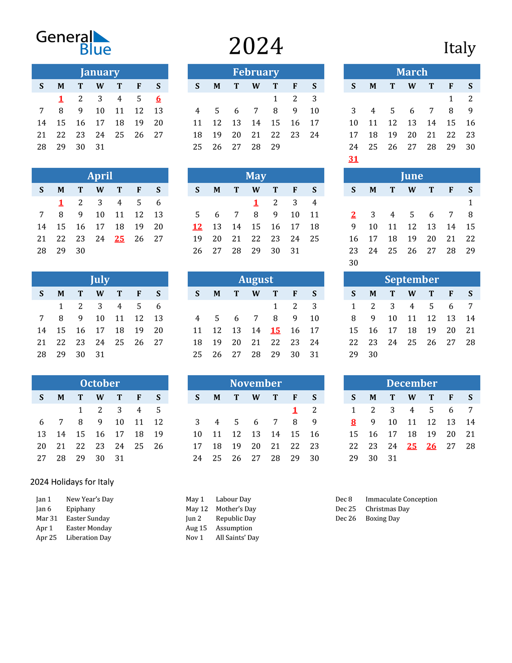 2024 Italy Calendar with Holidays