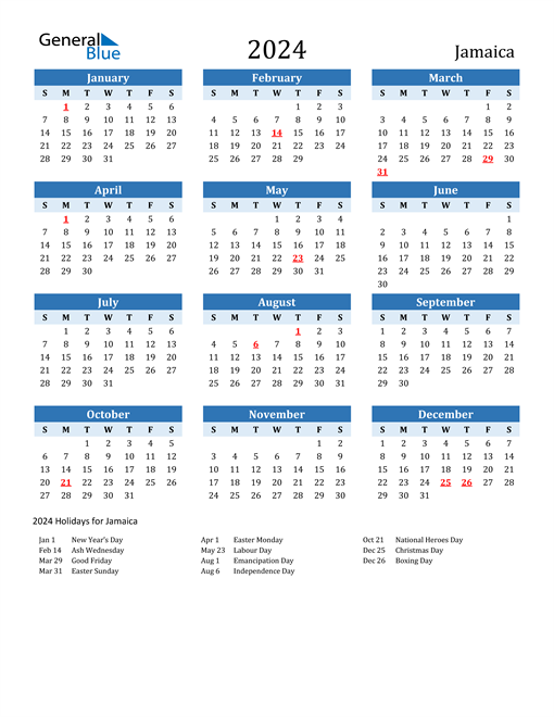 Printable Calendar 2024 with Jamaica Holidays