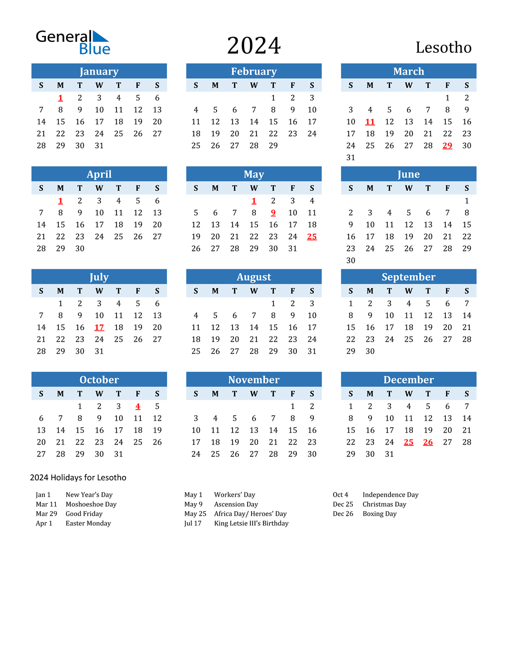 2024 Lesotho Calendar with Holidays