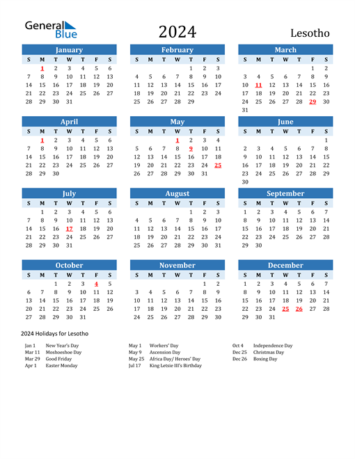 Printable Calendar 2024 with Lesotho Holidays